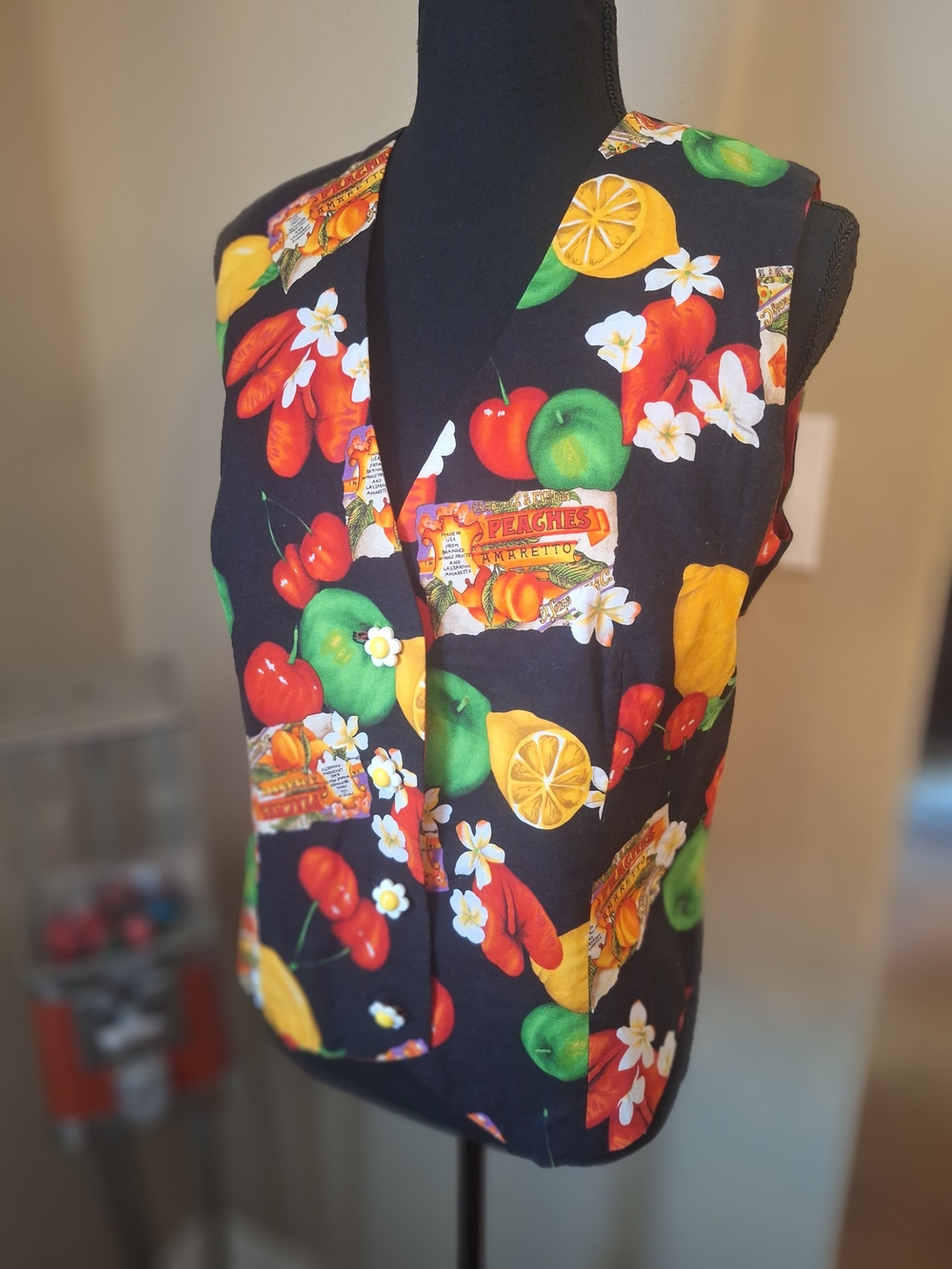 Fruit Print Sleeveless VEST Black with Multi Fruit S